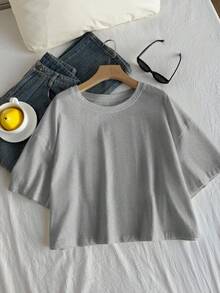 Comfortcana Light Gray Solid Color Dropped Shoulder Casual Plus Size T-Shirt - Light Grey - View 6