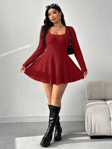 SHEIN EZwear Plus Size Women's Casual Ribbed Knit Crew Neck Cinched Waist Short Jumpsuit Pants, Spring/Autumn - Red - View 5