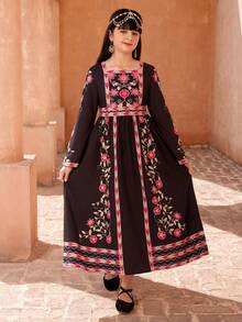 斋月长袍，宽松喇叭袖方领印花连衣裙，配可拆卸腰带，休闲优雅长裙，适合日常穿着和聚会，春夏皆宜。 - 黑色 - 查看 7