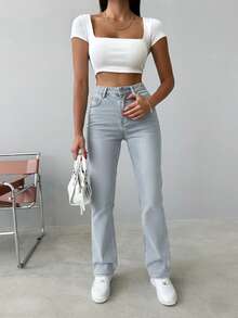 100% Cotton Solid Color Slant Pocket Cotton Solid Straight Leg Jeans - Light Wash - View 4