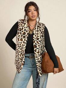 Freevana 大码女式休闲毛绒双口袋前开襟背心，适合秋季穿着。 - 米色 - 查看 3