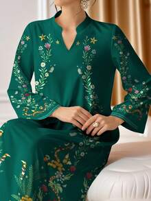 SHEIN Najma 女士花卉、植物和动物数码印花优雅长袖立领睡袍，适合春秋季穿着 - 彩色 - 查看 3