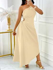 SOLERSUN One Shoulder Cut Out Drawstring Side Asymmetrical Hem Dress Dress Maxi Women Outfit - Apricot - View 3