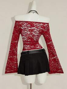 SHEIN ICON 女士露肩蕾丝长袖薄纱衬衫 - 酒紅色 - 查看 2