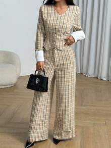 Modelyn Women's Yellow Long Sleeve Tweed Cinched Waist Jacket And Straight Leg Pants - Yellow - View 4