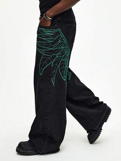 Herren Mode Loose Fit vielseitige bestickte Taschen Jeans, Freizeitkleidung