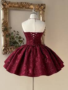 Lovelzi Elegante, romantico e alla moda abito formale con decorazione plissettata sul busto in tessuto jacquard rosso vino, adatto per feste, matrimoni, cocktail, balli - Bordò - Visualizzare 3