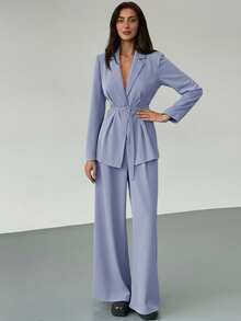 Aloruh Women's Simple Solid Color Lapel Collar Belted Blazer And Wide Leg Pants Suit Set, Suitable For Work And Commute, Spring/Autumn - Baby Blue - View 1