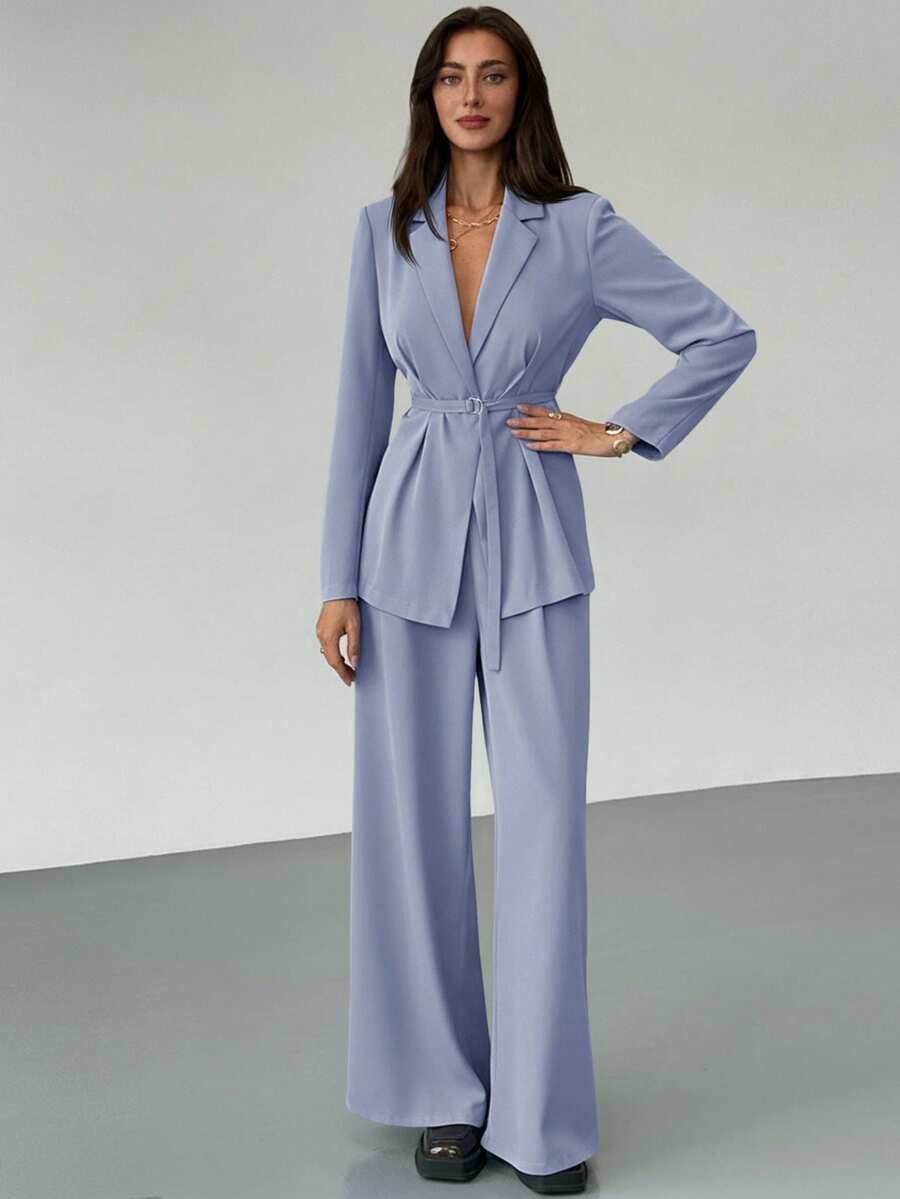 Aloruh Women's Simple Solid Color Lapel Collar Belted Blazer And Wide Leg Pants Suit Set, Suitable For Work And Commute, Spring/Autumn - Baby Blue - View 1
