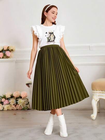 2 st/set tonårsflickor casual kortärmad t-shirt med plisserad minikjol och resår i midjan