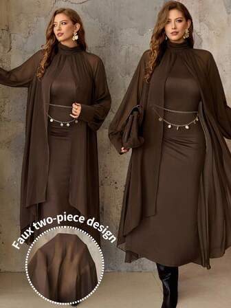 Roveilla Elegant vinröd, figurnära klänning med tunna chiffongärmar i plusstorlek för kvinnor, vår/höst