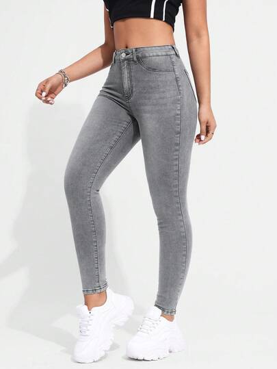 Flexra Plus Size Women Casual Everyday Commute Simple Versatile Solid Color Skinny Jeans