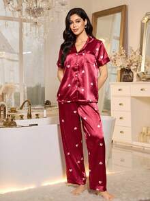 LuxeNights 女士缎面条纹心形印花翻领短袖睡衣套装 - 彩色 - 查看 3