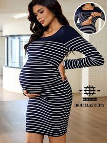 MaterniWear 孕妇条纹方领长袖修身休闲哺乳连衣裙 - 藍色 - 查看 9