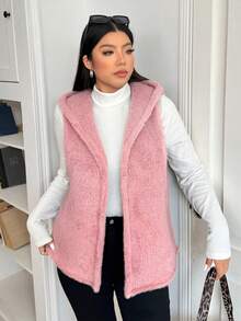 SHEIN EZwear Chaleco con capucha de unicolor y peludo de talla grande, otoño/invierno - Rosa vieja - Ver 5