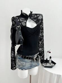 Elamini Women's Summer Elegant Blouse With Stand-Up Collar, Slim-Fitting & Lace Cutout Paneled – Ideal For New Year Party - Black - View 4