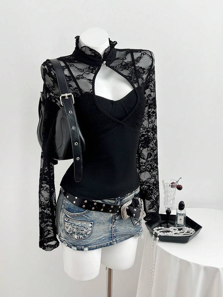 Elamini Women's Summer Elegant Blouse With Stand-Up Collar, Slim-Fitting & Lace Cutout Paneled – Ideal For New Year Party - Black - View 4