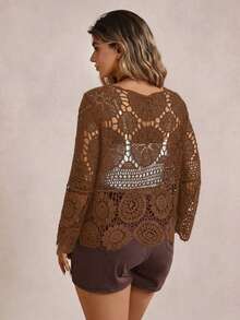 Freevana Plus Size V-Neck Tie-Front Shell Trim Hollow Out Long Sleeve Knit Cardigan - Coffee Brown - View 2