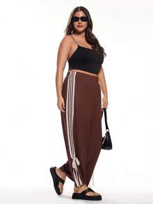 Solavibe 大码女式弹力腰侧条纹阔腿休闲裤，大码阔腿裤，喇叭裤，棕色阔腿裤，曲线阔腿裤，女士沙滩裤，女士休闲裤，度假裤，阔腿运动裤，棕色女式下装 - 棕色 - 查看 1