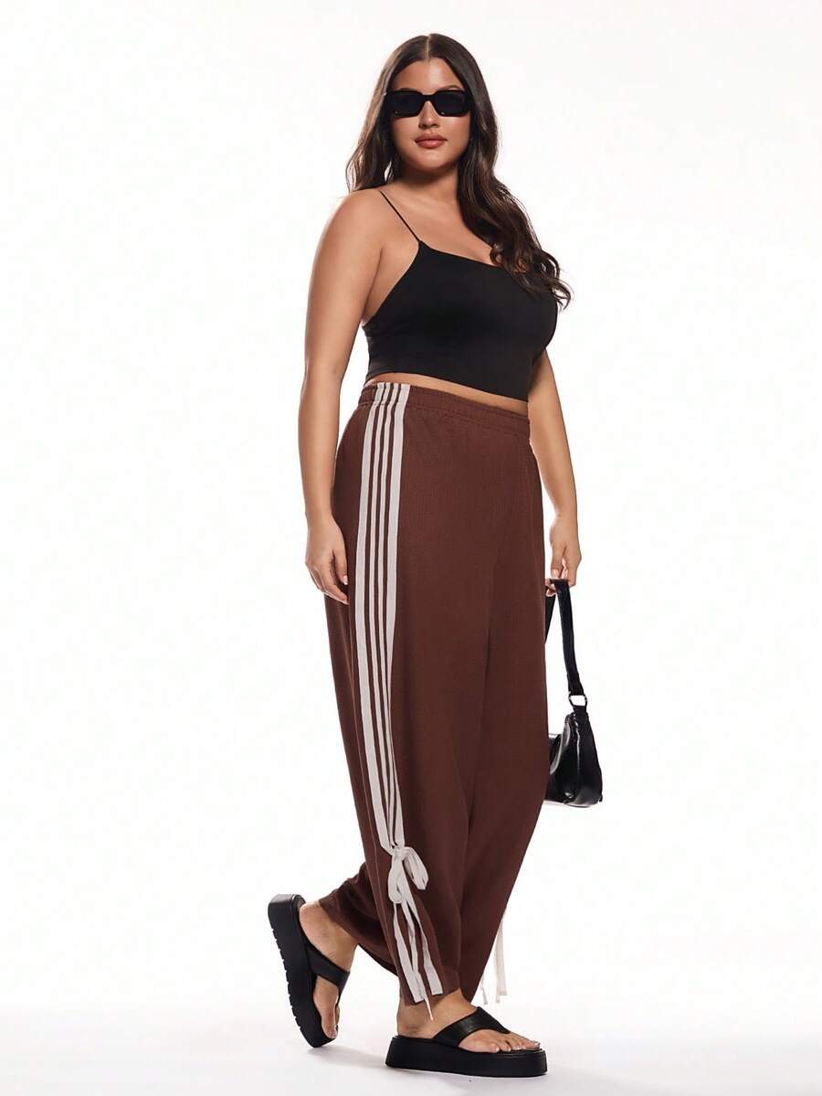 Solavibe 大码女式弹力腰侧条纹阔腿休闲裤，大码阔腿裤，喇叭裤，棕色阔腿裤，曲线阔腿裤，女士沙滩裤，女士休闲裤，度假裤，阔腿运动裤，棕色女式下装 - 棕色 - 查看 1