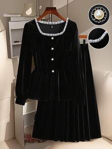 SHEIN Tall CURVE 女士优雅蕾丝边天鹅绒长袖上衣和松紧腰半裙两件套 - 黑色 - 查看 1