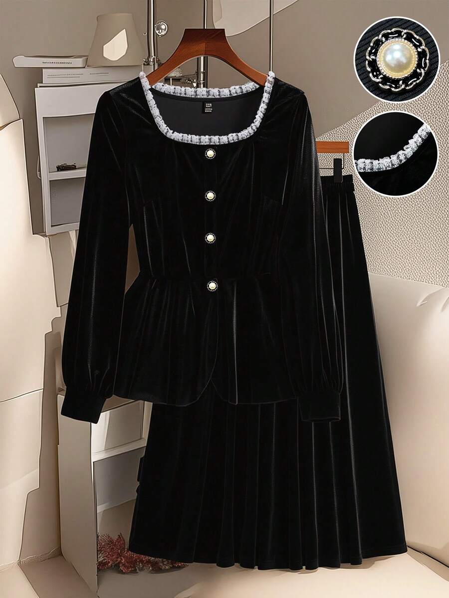 SHEIN Tall CURVE 女士优雅蕾丝边天鹅绒长袖上衣和松紧腰半裙两件套 - 黑色 - 查看 1