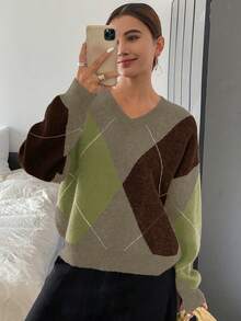 DAZY Plaid Loose Fit Long Sleeve Crew Neck Sweater For Women - Green - View 4