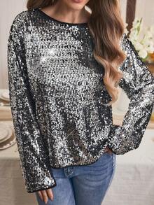 Louniche Women's Autumn/Winter Casual Sequin Embellished Bow Decor Reversible Long Sleeve Shirt, Suitable For Party And Home Wear - Multicolor - View 5