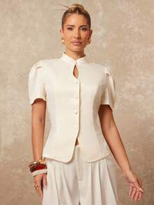 Lumalex Early Spring High Collar Puff Sleeve Hollow Metal Button Waist Fitted Women Blazer Luxury NewYearNewLook QuietLuxe Prom Gathering Party Banquet Modest Old Money Coquette Glitter Holiday Party Rave Festival Outing Vacation Hot Outdoor Richly Layered Wedding Season Banquet ID Al-Adha Al-Adha Party New Year Looks Of Party Party Dress For Autumn - Apricot - View 8