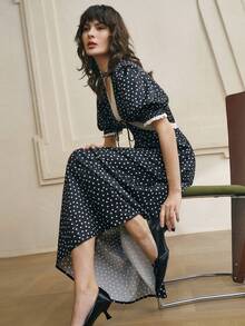 Cévolie Women's Sexy V-Neck Black & White Polka Dot Lace Collar Puff Sleeve Mini Dress - Multicolor - View 4