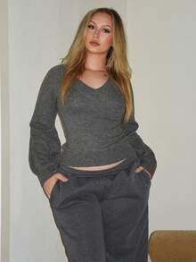 Arliah Women's Casual V-Neck Lantern Sleeve Fashionable Sweater Fall Winter Cloth For Women - Grey - View 1