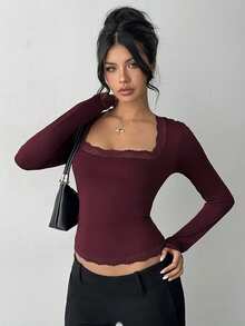 Aloruh Damen Lässig Everyday süßes einfarbiges burgunderrotes Spitzenbesatz Glockenärmel Langarm Figurbetontes T-Shirt, geeignet für Herbst, Winter, Frühling und Sommer - Bordeaux - Übersicht 3