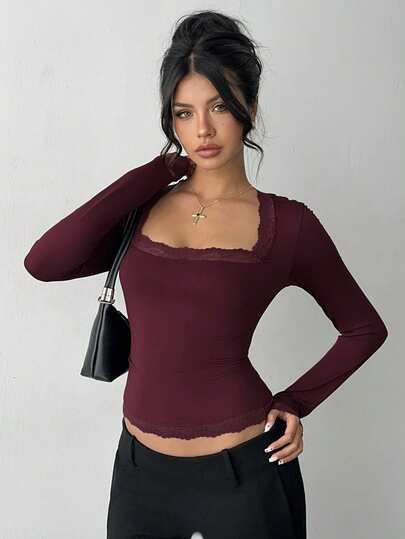 Aloruh 女士休闲日常甜美纯色酒红色蕾丝边喇叭袖口长袖修身T恤，适合秋、冬、春、夏穿着