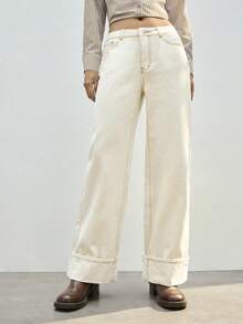Maija New White Denim Jeans, Stylish And Slimming Straight Leg, Comfortable 100% Cotton Denim. - Apricot - View 2