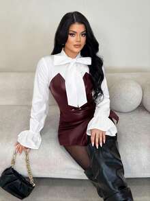SHEIN SXY Áo sơ mi nơ trắng thanh lịch cổ điển dành cho nữ kết hợp với áo bustier PU màu đỏ tía - Màu Đỏ Sâu - Xem 6