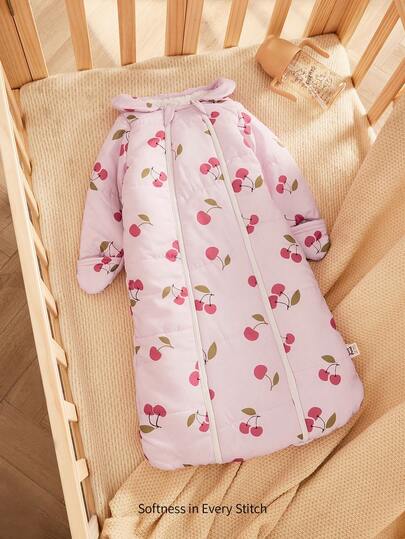 Cozy Pixies 1pc Baby Sleeping Bag, Cherry Fruit Print, Long Sleeve, Thick & Warm, Suitable For Newborns