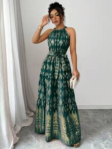 Breezaya 女士优雅挂脖长裙，金属几何印花 - 墨綠色 - 查看 4