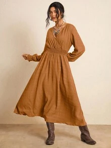 Freevana Plus Size Fall Clothes All Over Print Shirred Leopard Long Sleeve Dress/Fall Dresses/Fall Women Outfits Fall Wedding Guest Dress Elegant Women Dresses Business Casual Woman Work Dress Business Dress - Brown - View 7