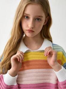 Áo len chui đầu cổ lọ sọc nhiều màu dáng rộng thường ngày cho bé gái tuổi mới lớn, dày dặn, thích hợp cho các hoạt động ngoài trời, tiệc tùng và đi chơi thường ngày - Nhiều màu - Xem 5