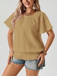 SHEIN LUNE Áo cánh tay ngắn cổ tròn viền hoa cỡ lớn, tay áo thun co giãn - Màu Khaki - Xem 6