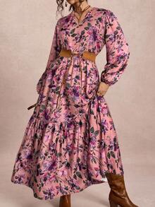 Freevana 大码女士秋冬飘逸舒适修身印花长袖连衣裙，V领设计，适合冬季穿着，也可作为万圣节服装、娃娃款长裙、休闲外出服、教师装等。 - 彩色 - 查看 6