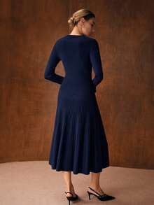 MOTF PREMIUM 2PCS WOOL BLEND FITTED TOP & A-LINE MIDI SKIRT SWEATER SET, AUTUMN/WINTER - Navy Blue - View 3