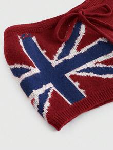 ROMWE Avant Bộ áo len và quần short dệt kim Union Jack phong cách đường phố Mỹ cổ điển dành cho nữ - Đỏ - Xem 4