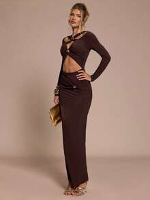 SHEIN BAE Elegant Dark Brown Bodycon Dress For Women,Long Sleeve Metal Buckle Decor,Autumn Night Out,Formal Dinner Party,Birthday & Cocktail Events,Winter Dress - Brown - View 4