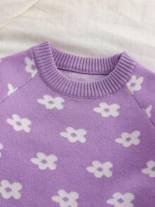 SHEIN Vintaside Kids Girls & Toddlers Casual, Fashionable & Cute Cartoon Flower Sweater & Sweater + Sweater Pants Woolen Suit, Versatile For Travel And Outings Girls Sweater Sets Kids Two Piece Set Winter Young Girls Sets Kids Purple Outfit Girls Comfy Set - Purple - View 7