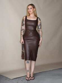 Arliah Robe en PU marron pour femme, robe de cocktail d'anniversaire, robe élégante d'hiver et d'automne pour soirée, robe de cérémonie, robe de soirée chic pour mariage, tenue de sortie - Tabac - Voir 5
