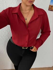 SHEIN PETITE CURVE Women Plus Size Casual Business Solid Color Long Sleeve Bodysuit, Versatile, For Autumn, For Winter - Red - View 6