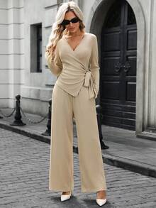 SHEIN LUNE 2pcs Women V-Neck Wrap Twist Long Sleeve Top And Pants Set Spring Outfit Women Pring Break Outfits Elegant Dress Women Business Casual Woman Casual Women Outfits - Apricot - View 5