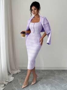 Elenzga Women's 2025 Spring/Autumn French Houndstooth Elegant Lady Suit Set: Cropped Tweed Blazer Jacket And Sleeveless Fitted Bodycon Dress - Mauve Purple - View 3