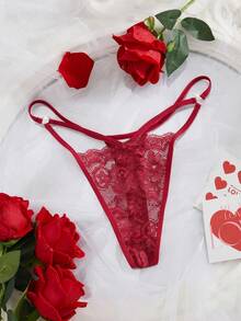 Floral Lace Cut Out G-String Sexy Lingerie - Burgundy - View 3